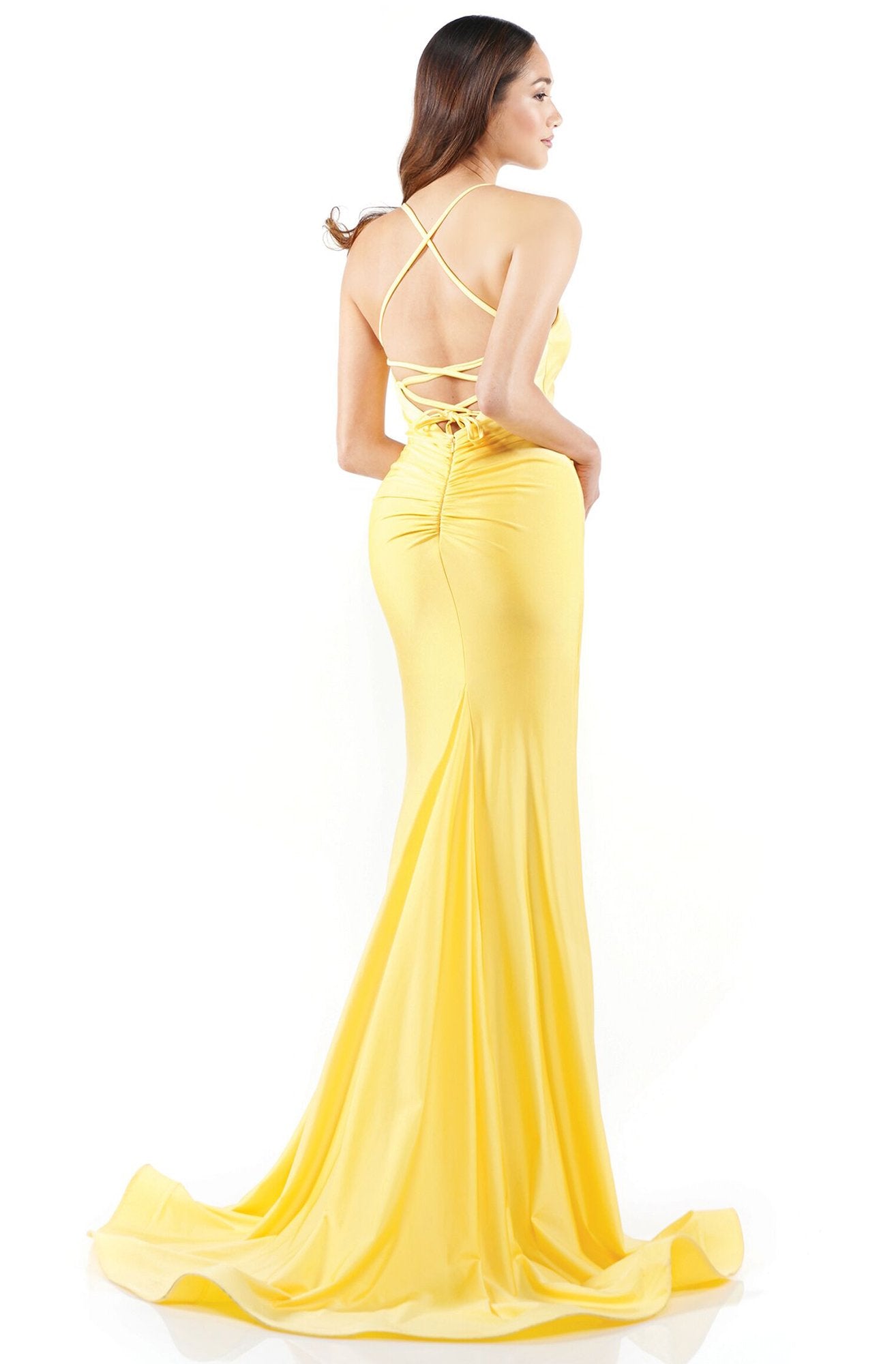 Glow Dress - G881 Sweetheart Crisscross Lace Up Back Trumpet Dress In Yellow