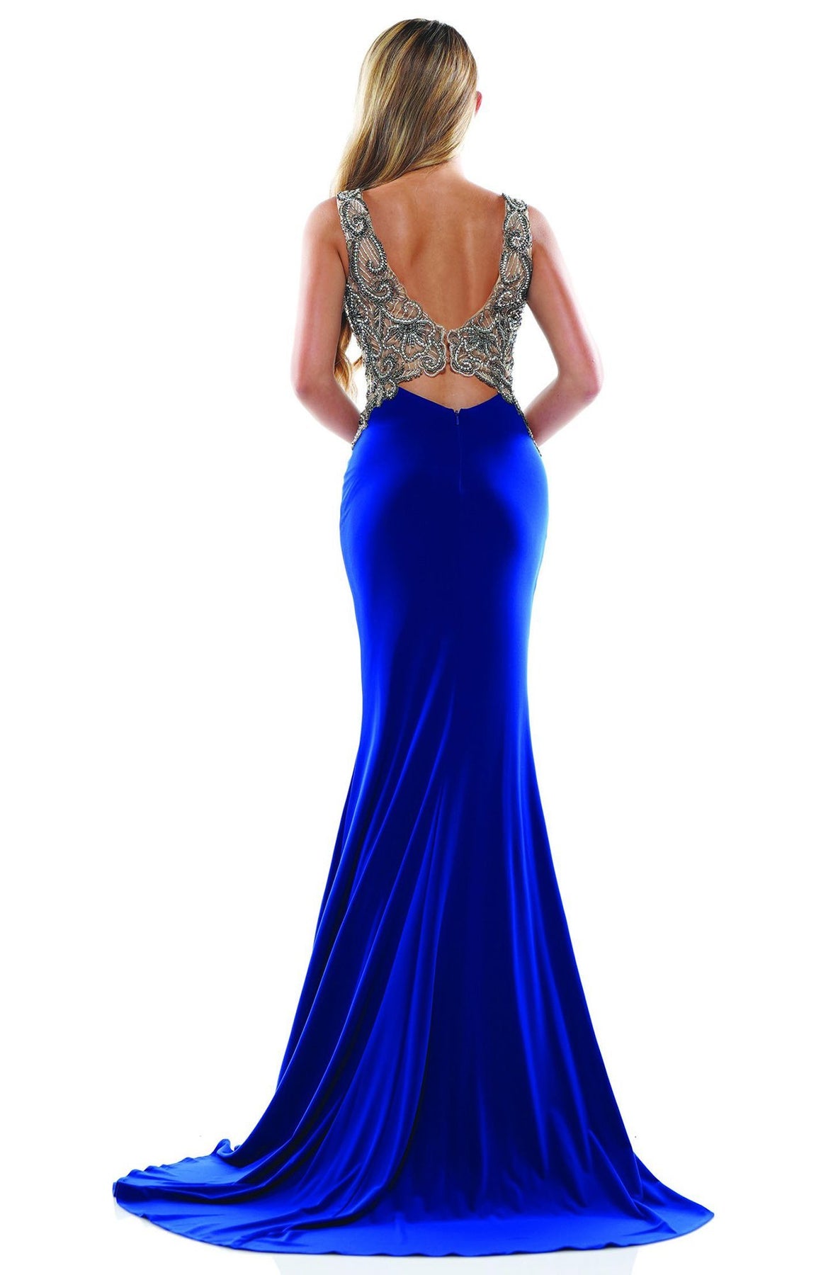 Glow Dress - G885 Bateau Neckline Embellished Long Dress In Blue