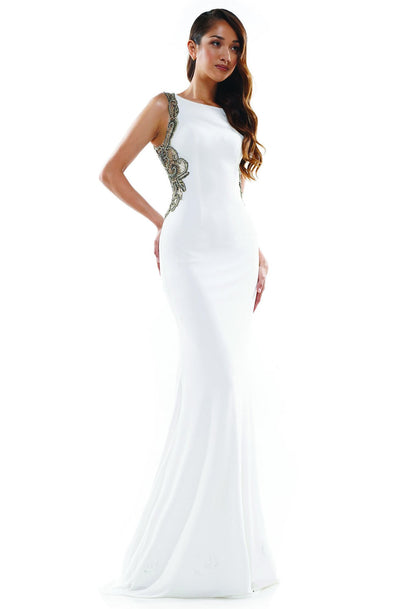 Glow Dress - G885 Bateau Neckline Embellished Long Dress In White