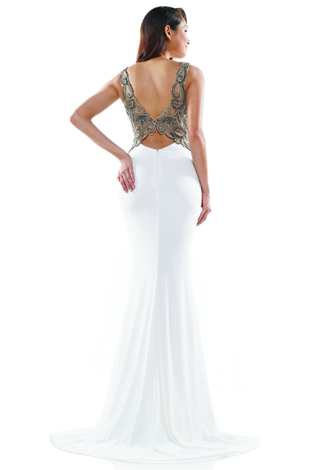 Glow Dress - G885 Bateau Neckline Embellished Long Dress In White