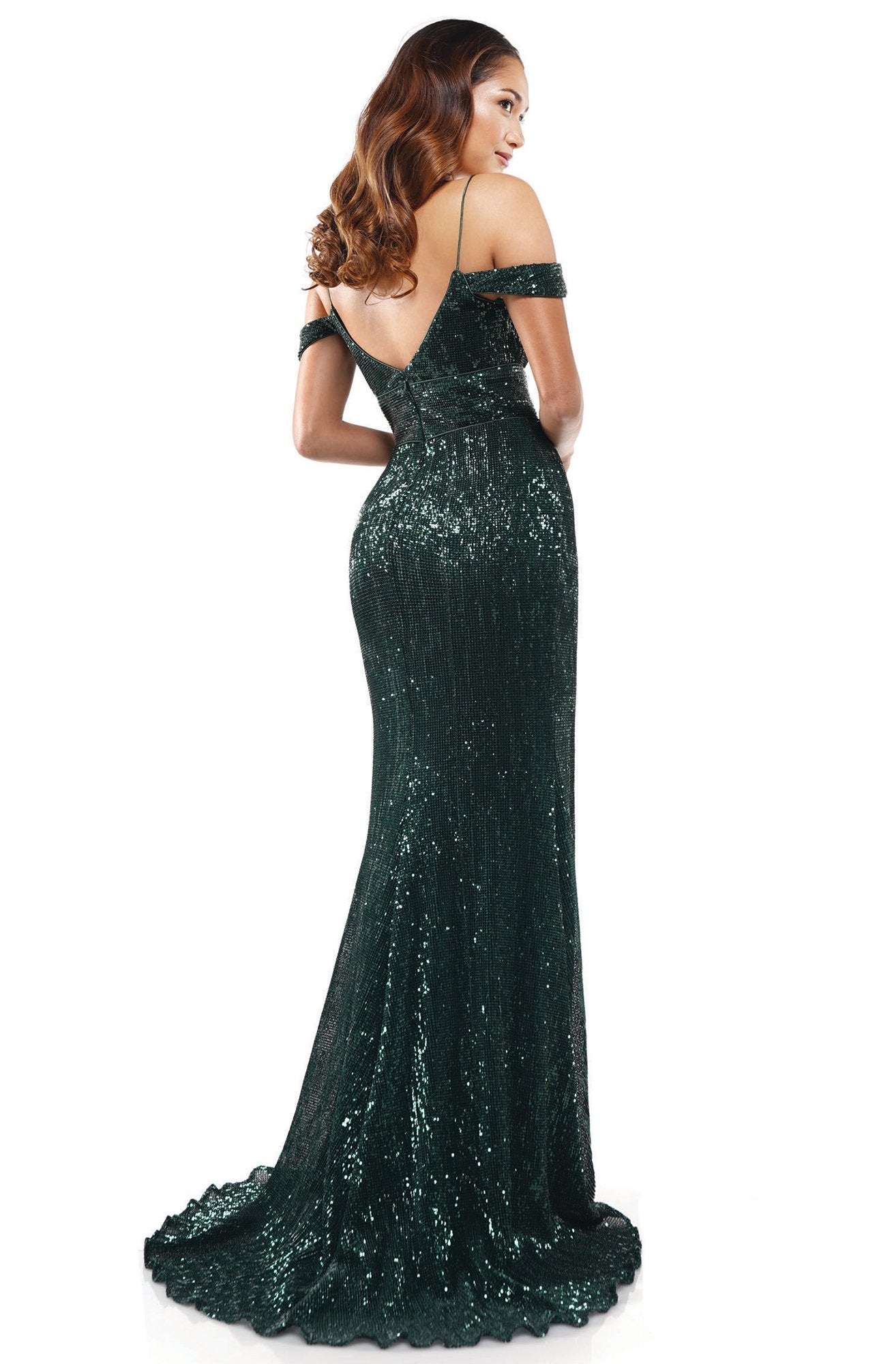 Glow Dress - G888 Cold Shoulder Sleeves Sequined Long Dress In Green and Black