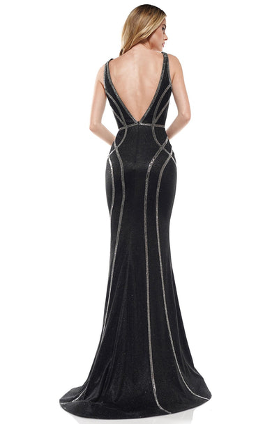 Glow Dress - G905 Geometric Beaded Stripes Glitter Jersey Evening Gown In Black