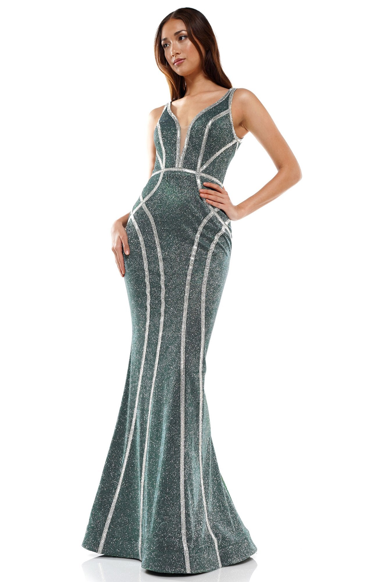 Glow Dress - G905 Geometric Beaded Stripes Glitter Jersey Evening Gown In Green