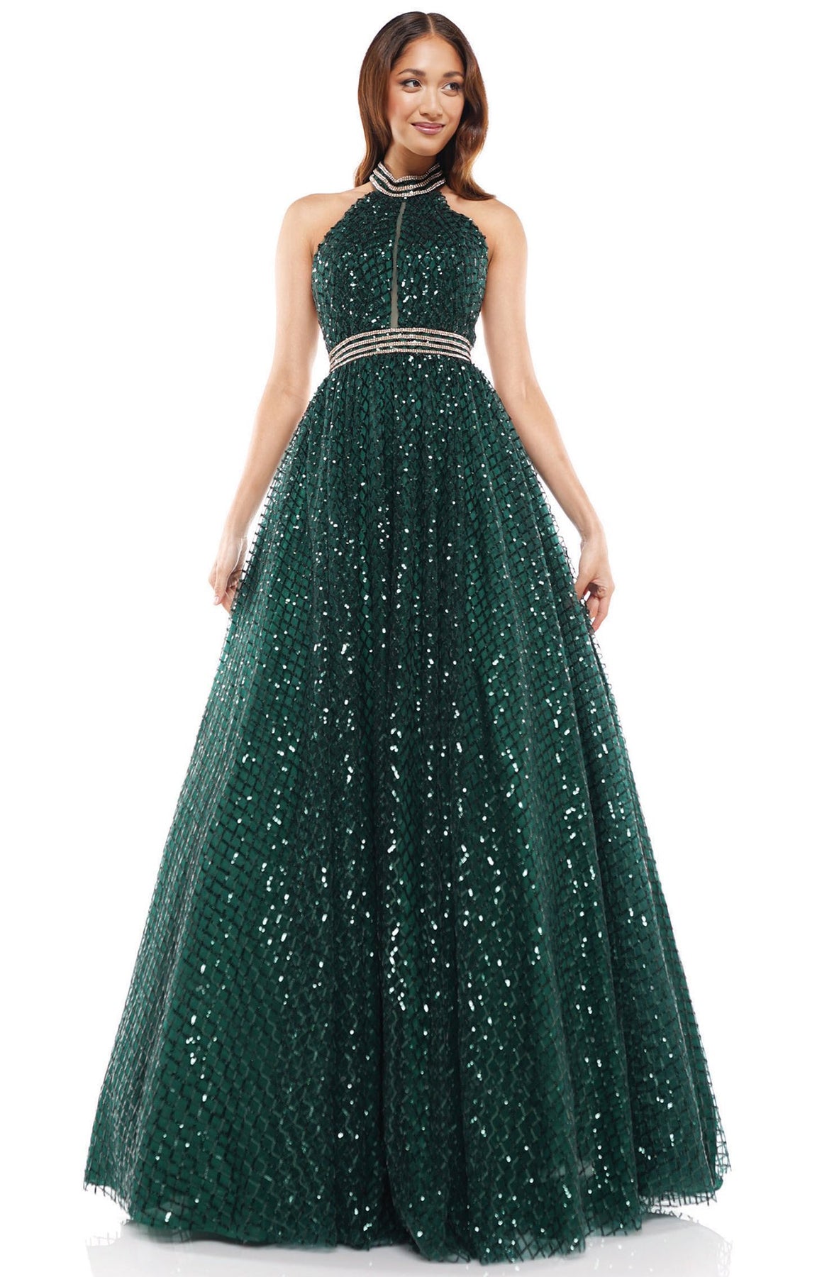 Glow Dress - G916 High Halter Sequined Lattice A-Line Gown In Green