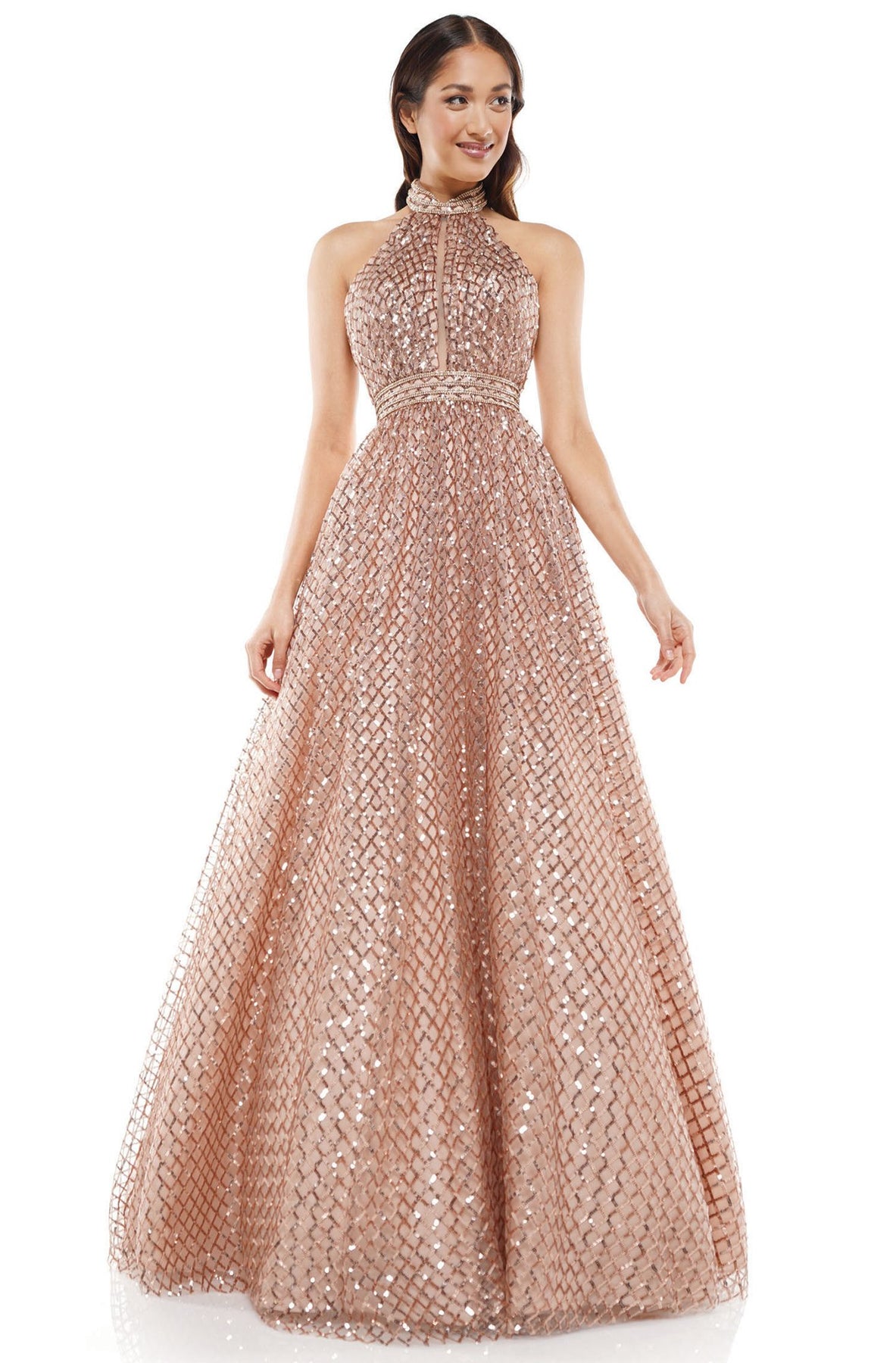 Glow Dress - G916 High Halter Sequined Lattice A-Line Gown In Pink and Gold