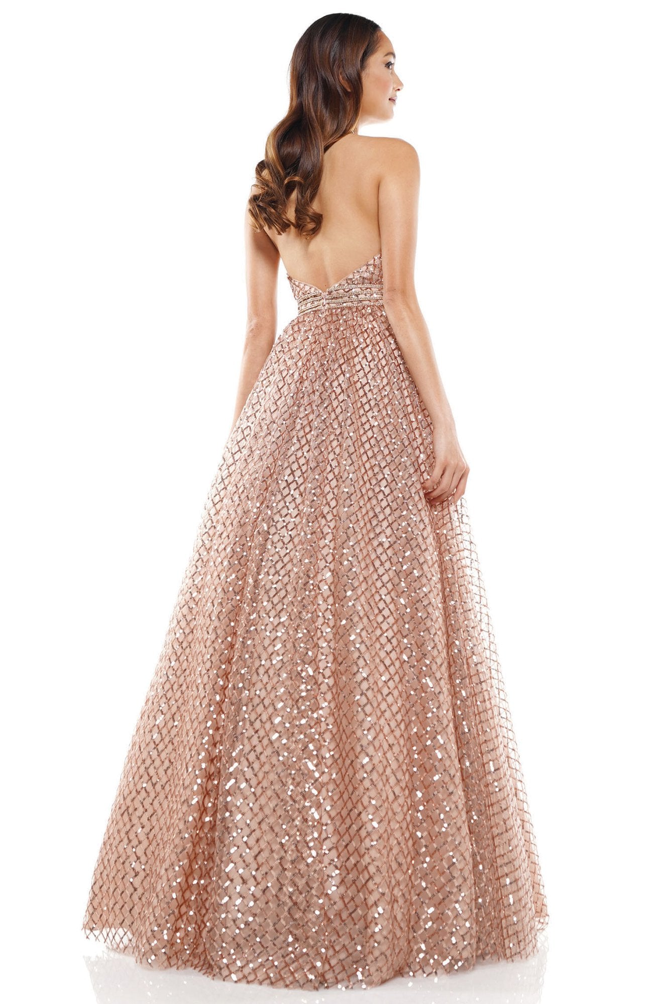 Glow Dress - G916 High Halter Sequined Lattice A-Line Gown In Pink and Gold