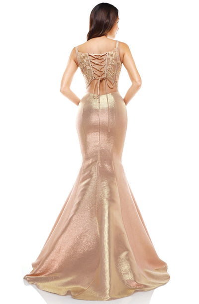 Glow Dress - G919 Appliqued Lace Up Back Metallic Mermaid Gown In Neutral