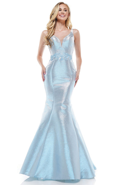 Glow Dress - G919 Appliqued Lace Up Back Metallic Mermaid Gown In Blue