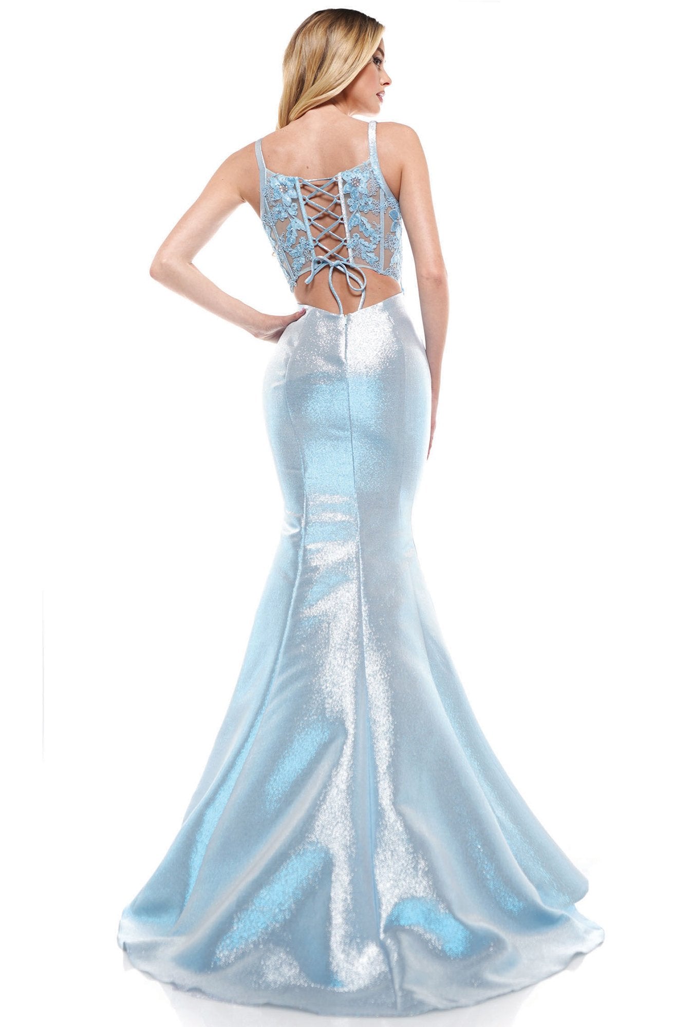 Glow Dress - G919 Appliqued Lace Up Back Metallic Mermaid Gown In Blue