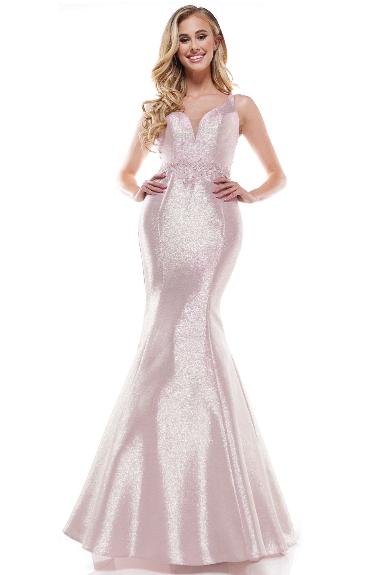 Glow Dress - G919 Appliqued Lace Up Back Metallic Mermaid Gown In Pink