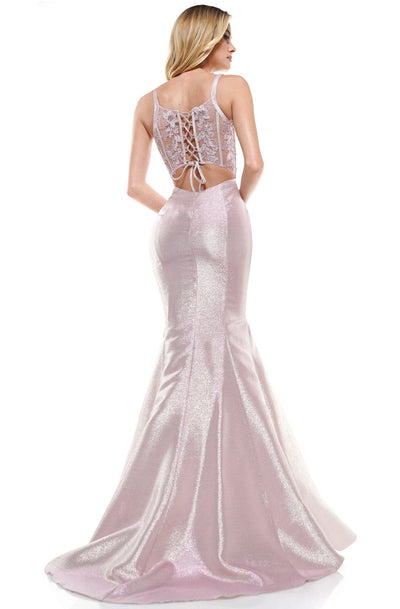 Glow Dress - G919 Appliqued Lace Up Back Metallic Mermaid Gown In Pink