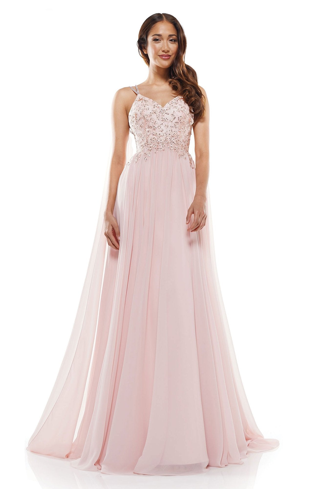 Glow Dress - G927 Beaded Lace Chiffon A-Line Gown with Long Drape Cape In Pink