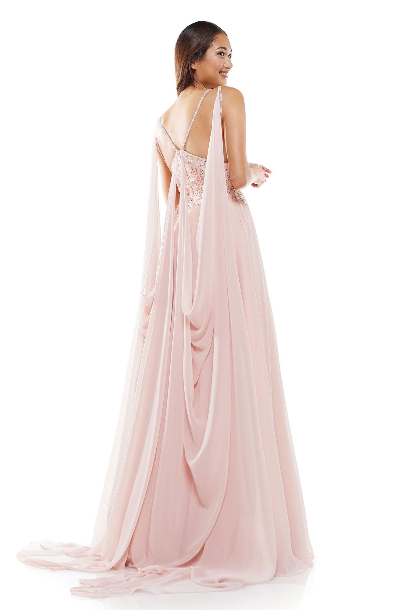 Glow Dress - G927 Beaded Lace Chiffon A-Line Gown with Long Drape Cape In Pink