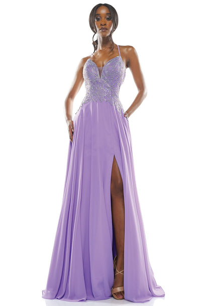 Glow Dress - G931 Foliage Beaded Bodice High Slit Chiffon Gown In Purple