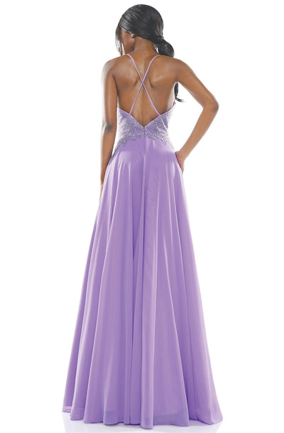 Glow Dress - G931 Foliage Beaded Bodice High Slit Chiffon Gown In Purple