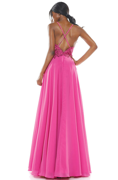 Glow Dress - G931 Foliage Beaded Bodice High Slit Chiffon Gown In Pink