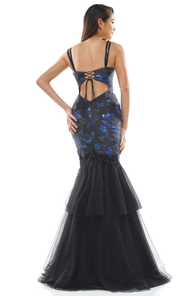 Glow Dress - G938 Embroidered Deep V-neck Mermaid Dress in Black and Blue
