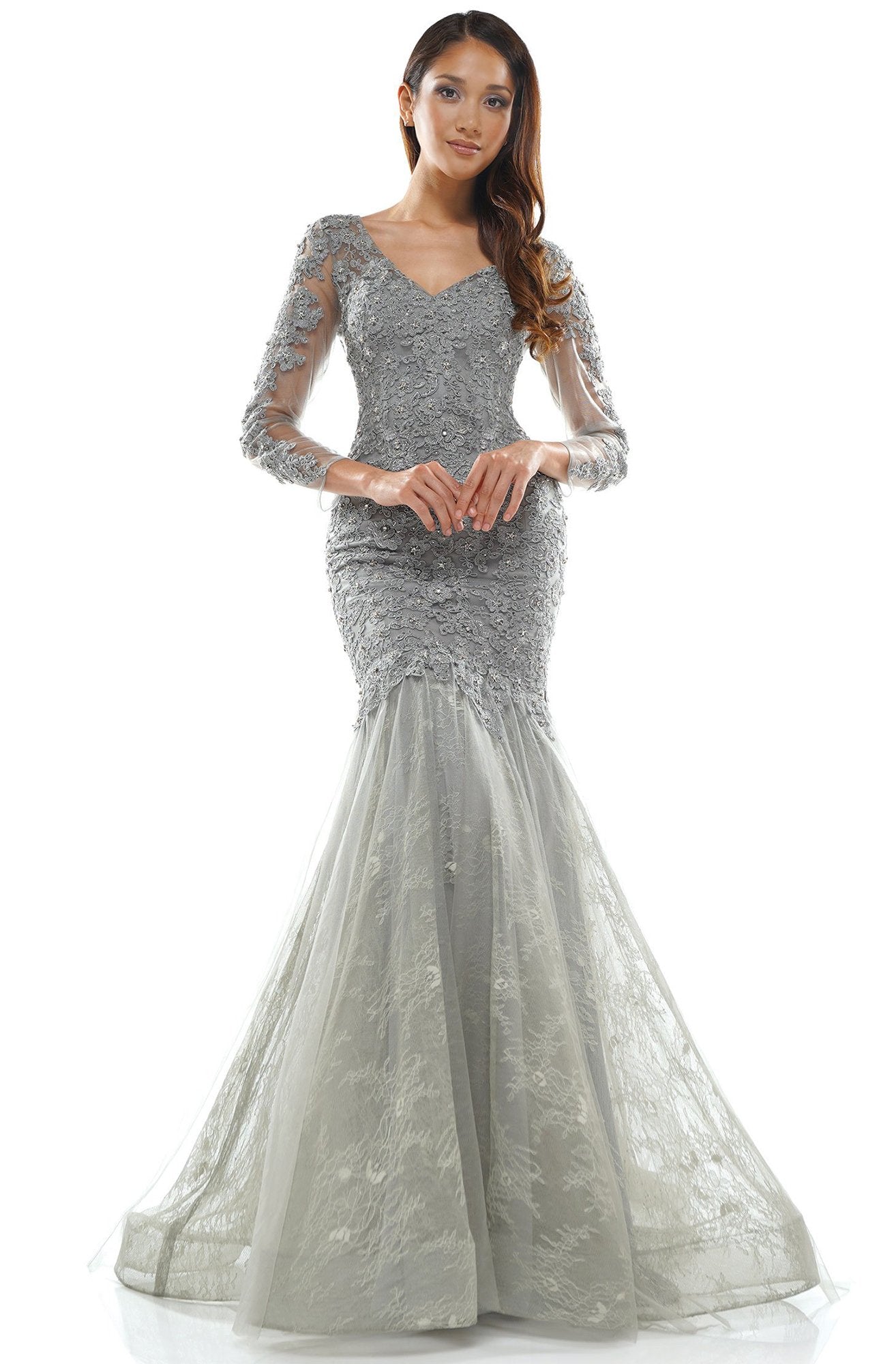 Glow Dress - G945 Embroidered V-neck Tulle Trumpet Dress In Gray