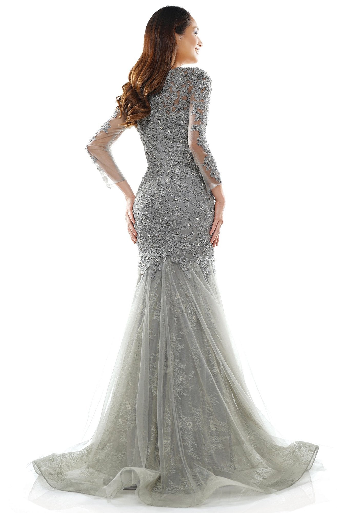 Glow Dress - G945 Embroidered V-neck Tulle Trumpet Dress In Gray