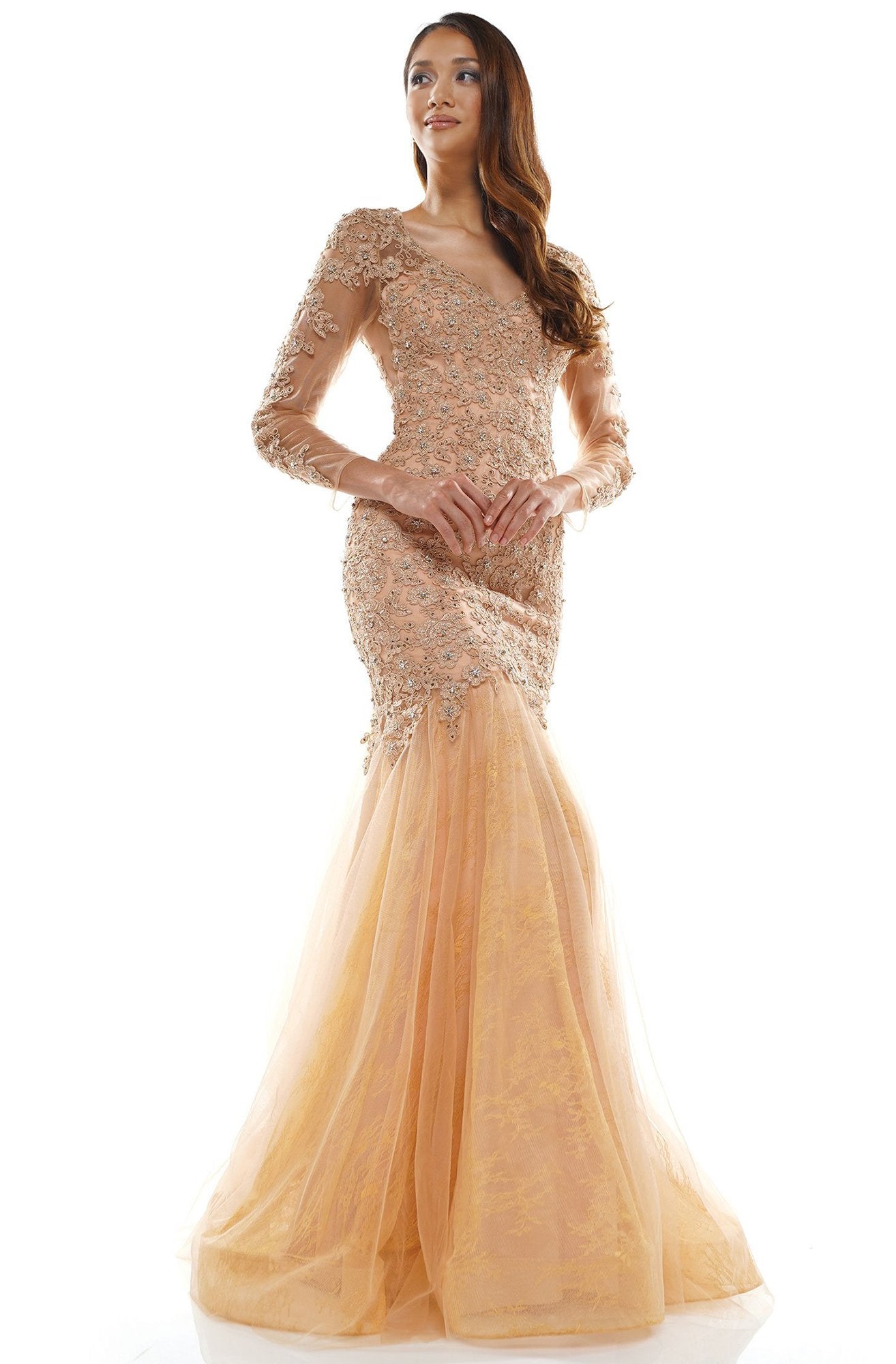 Glow Dress - G945 Embroidered V-neck Tulle Trumpet Dress In Neutral