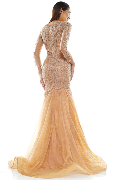 Glow Dress - G945 Embroidered V-neck Tulle Trumpet Dress In Neutral