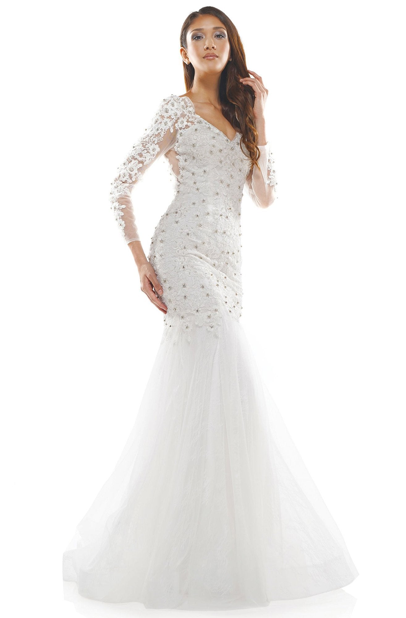 Glow Dress - G945 Embroidered V-neck Tulle Trumpet Dress In White