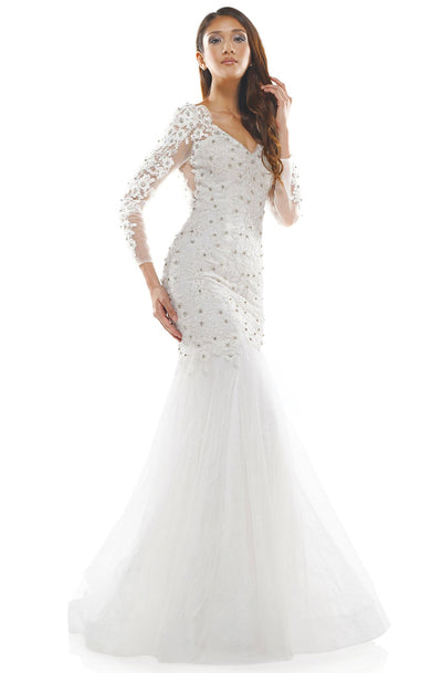Glow Dress - G945 Embroidered V-neck Tulle Trumpet Dress In White