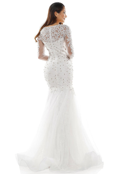 Glow Dress - G945 Embroidered V-neck Tulle Trumpet Dress In White