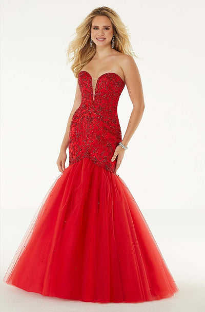 Mori Lee - 45096 Intricately Beaded Mermaid Long Dress In Red