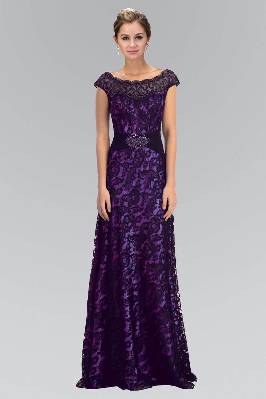 Elizabeth K - GL1102 Lace Floral Long Dress Special Occasion Dress XS / Blk/Purple