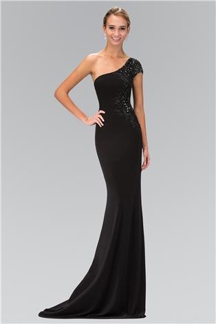Elizabeth K - GL1326 Beaded One Shoulder Jersey Long Dress Special Occasion Dress XS / Black