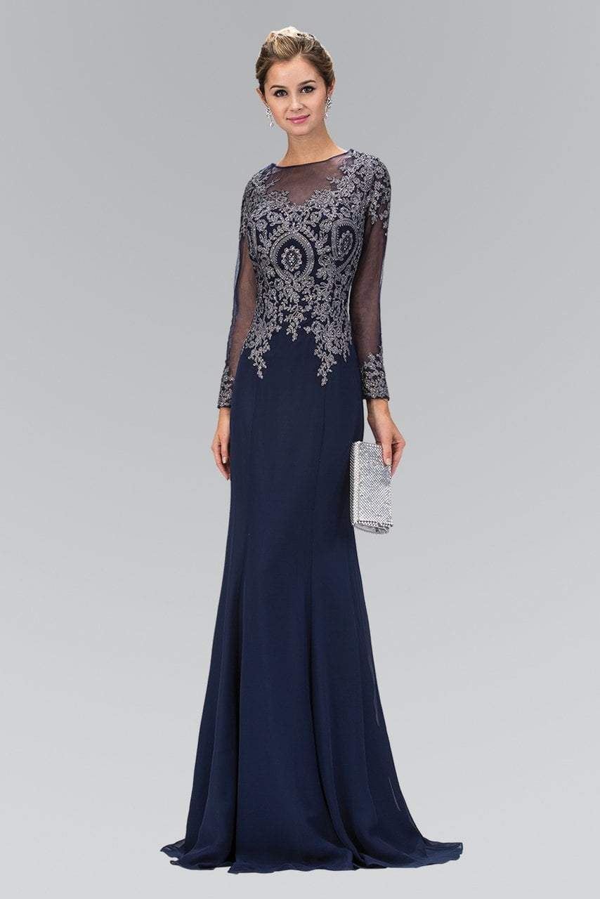 Elizabeth K Illusion Long Sleeve Metallic Lace Gown - 1 pc Navy In Size L Available In Blue