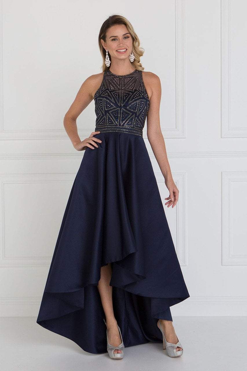 Elizabeth K GL1501- Geo Pattern Beaded Bodice Hi-Low A-Line Gown
