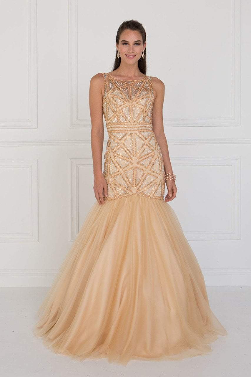 Elizabeth K - GL1510 Sleeveless Fitted Tulle Trumpet Gown Special Occasion Dress XS / Champagne/Gold
