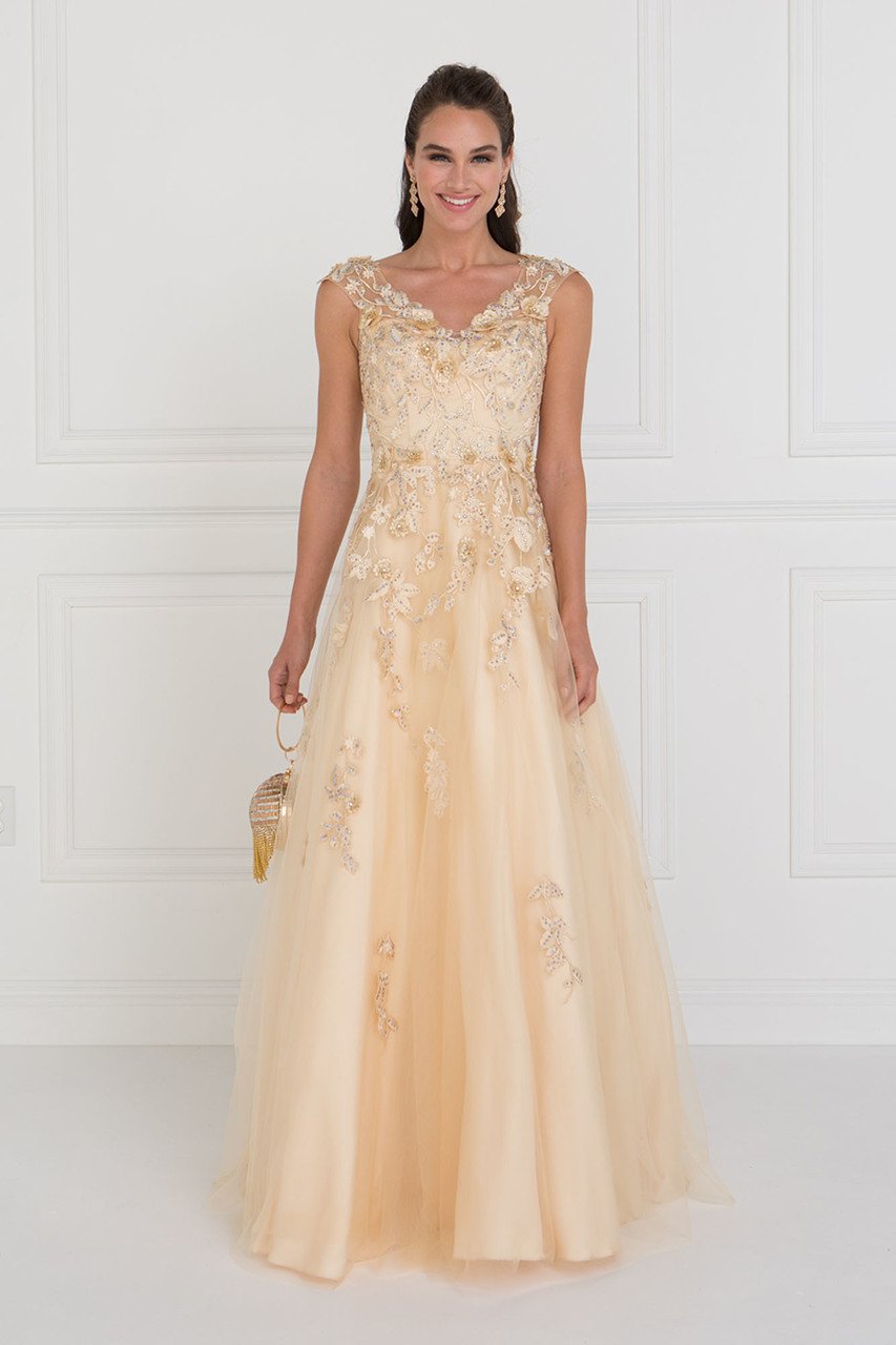 Elizabeth K GL1517- Beaded Applique Cap Sleeve Long Dress