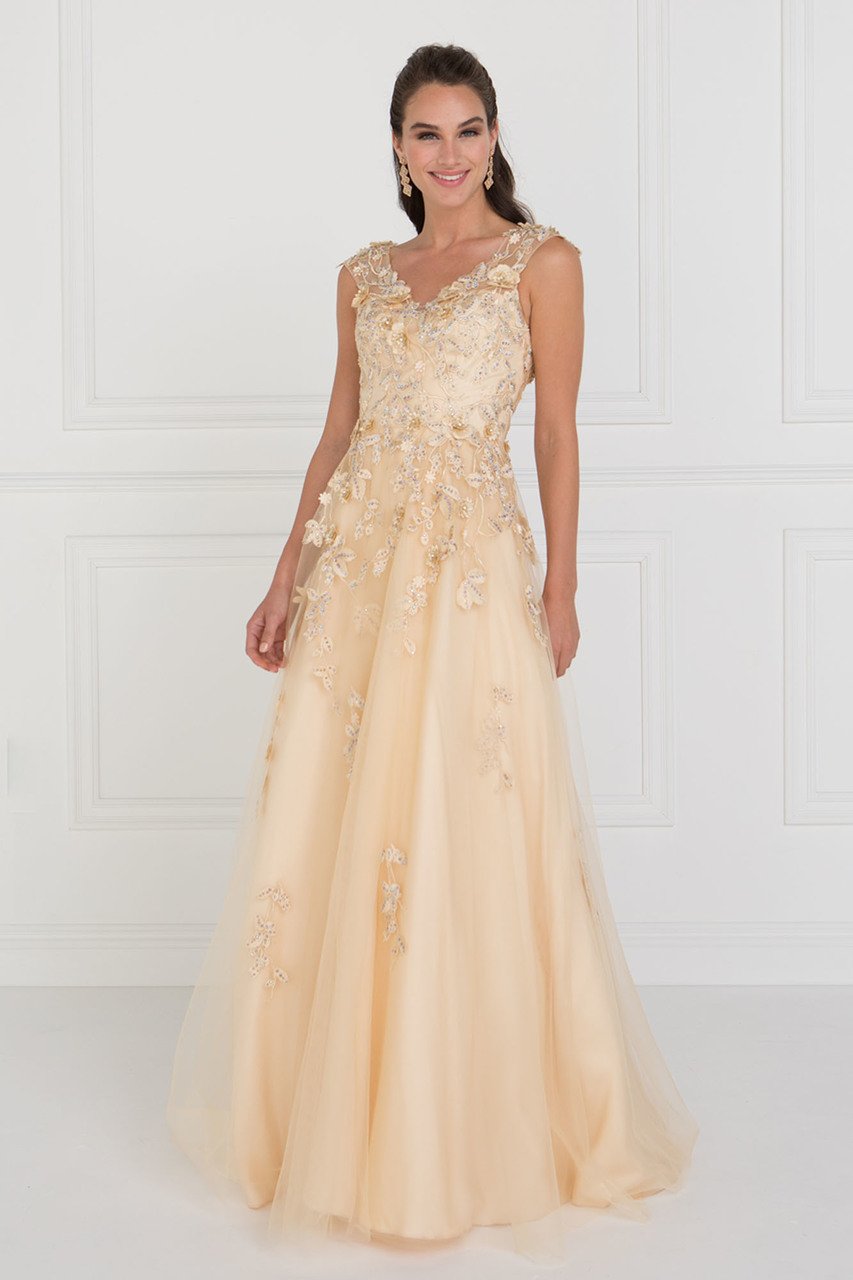 Elizabeth K GL1517- Beaded Applique Cap Sleeve Long Dress