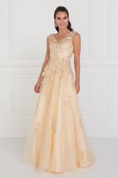 Elizabeth K GL1517- Beaded Applique Cap Sleeve Long Dress