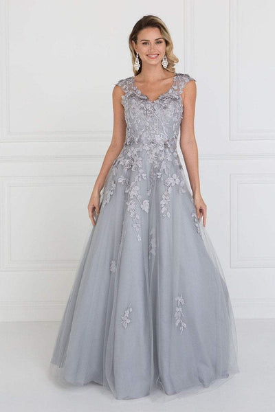 Elizabeth K GL1517- Beaded Applique Cap Sleeve Long Dress