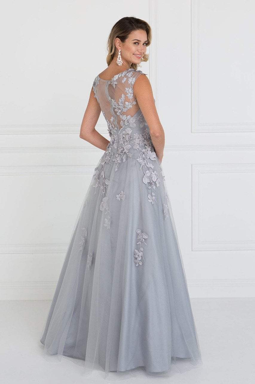 Elizabeth K GL1517- Beaded Applique Cap Sleeve Long Dress