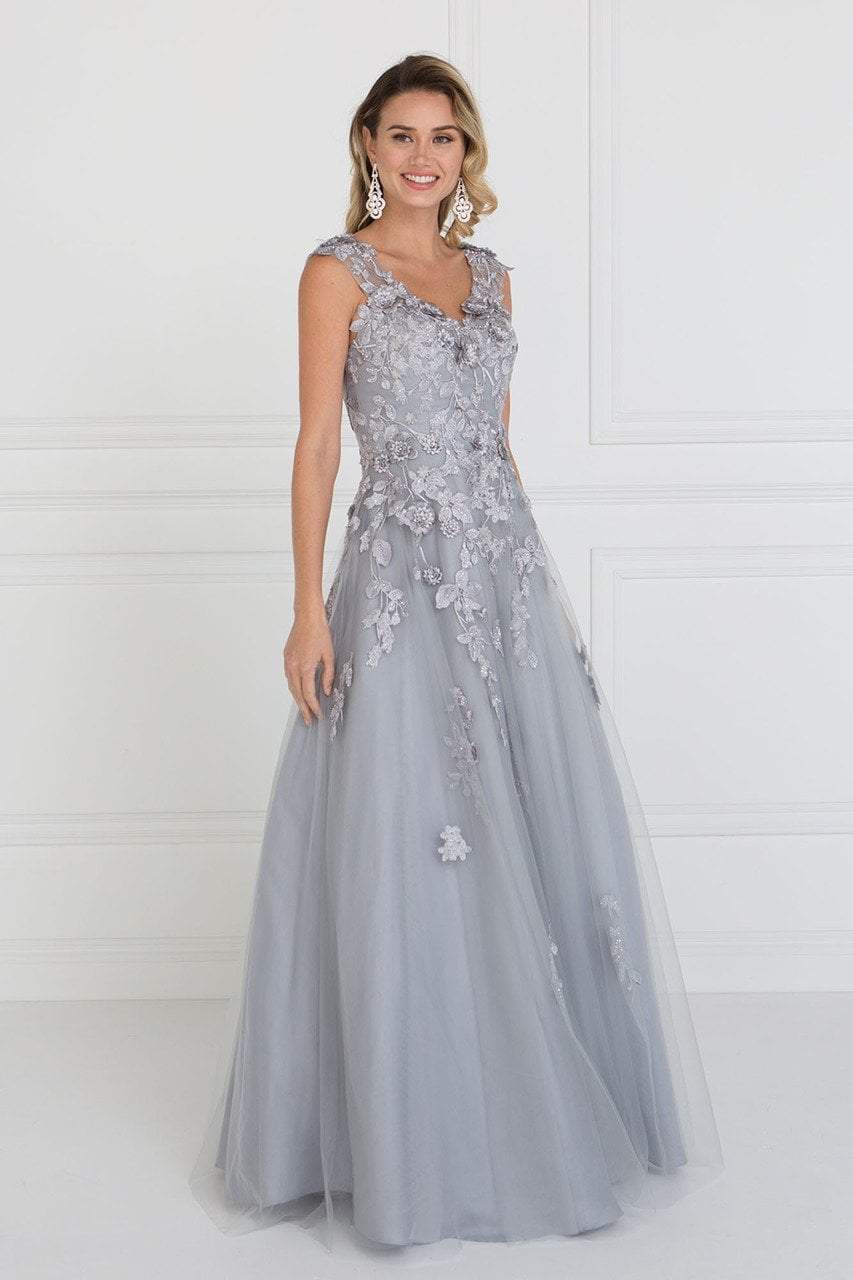 Elizabeth K GL1517- Beaded Applique Cap Sleeve Long Dress