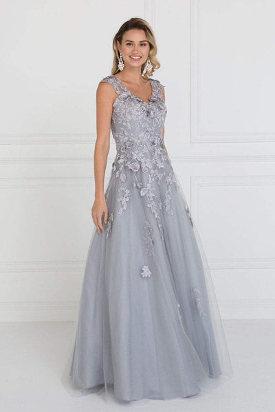Elizabeth K GL1517- Beaded Applique Cap Sleeve Long Dress