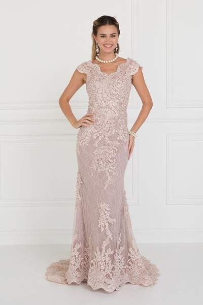 Elizabeth K - GL1540SC Embroidered Lace Mermaid Dress with Sweep Train