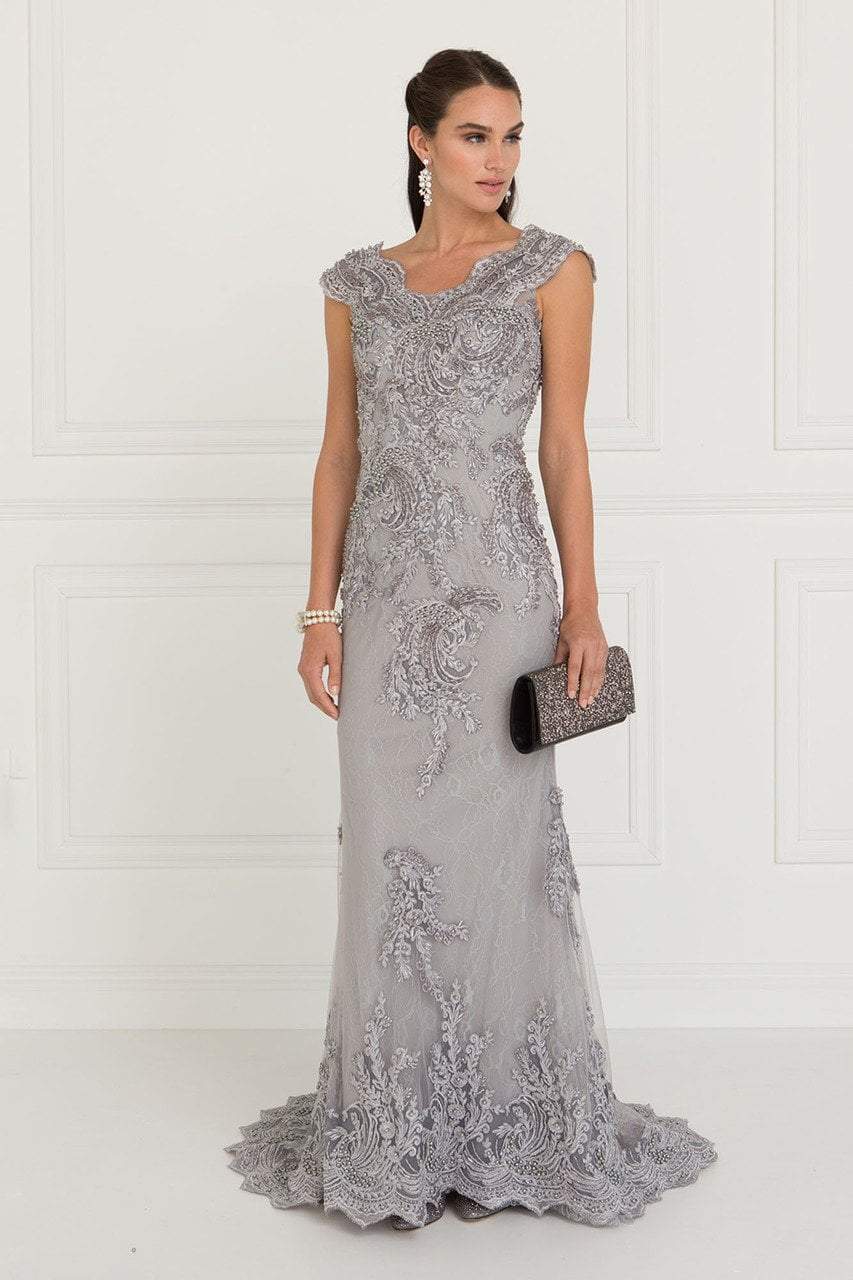 Elizabeth K - Lace Embroidered Long Sheath Dress GL1540 in Silver