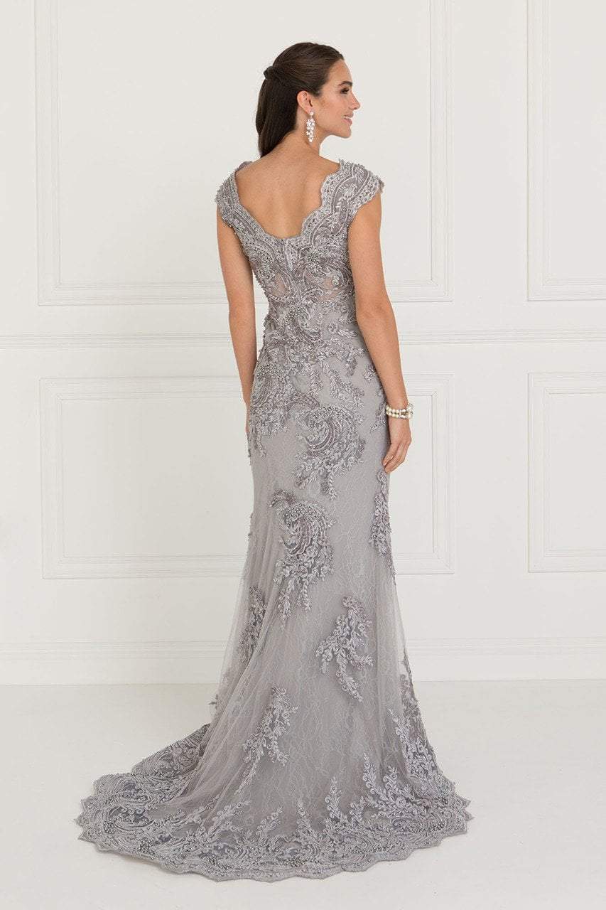 Elizabeth K - Lace Embroidered Long Sheath Dress GL1540 in Silver