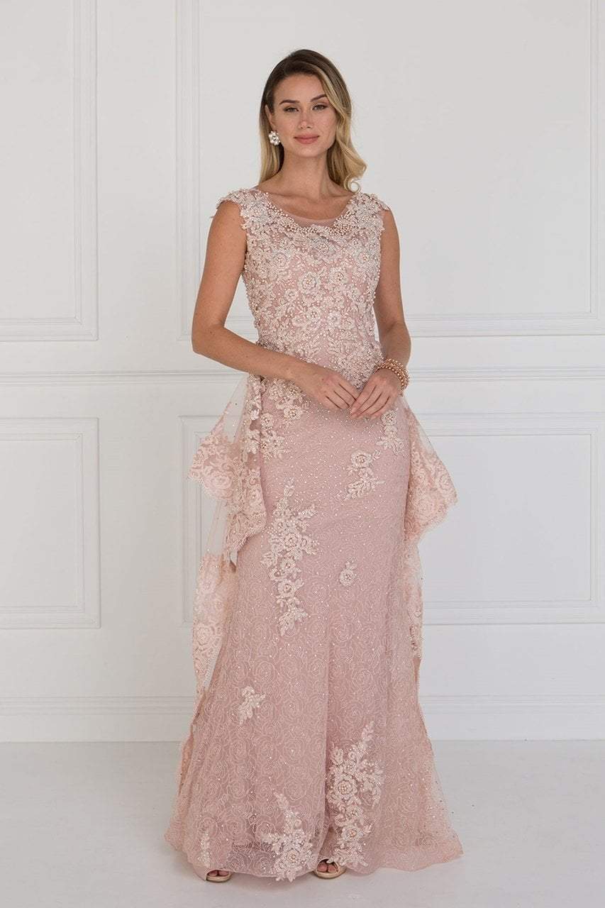 Elizabeth K - GL1581 Appliqued Illusion Peplum Ornate Lace Gown Special Occasion Dress XS / Blush