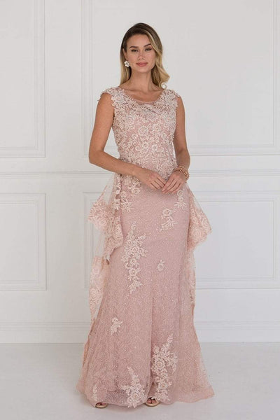 Elizabeth K - GL1581 Appliqued Illusion Peplum Ornate Lace Gown Special Occasion Dress XS / Blush