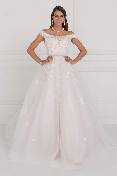 Elizabeth K Bridal - GL1589 Jewel Adorned Off Shoulder Trailing Paneled Gown Special Occasion Dress XS / Ivory/Champagne