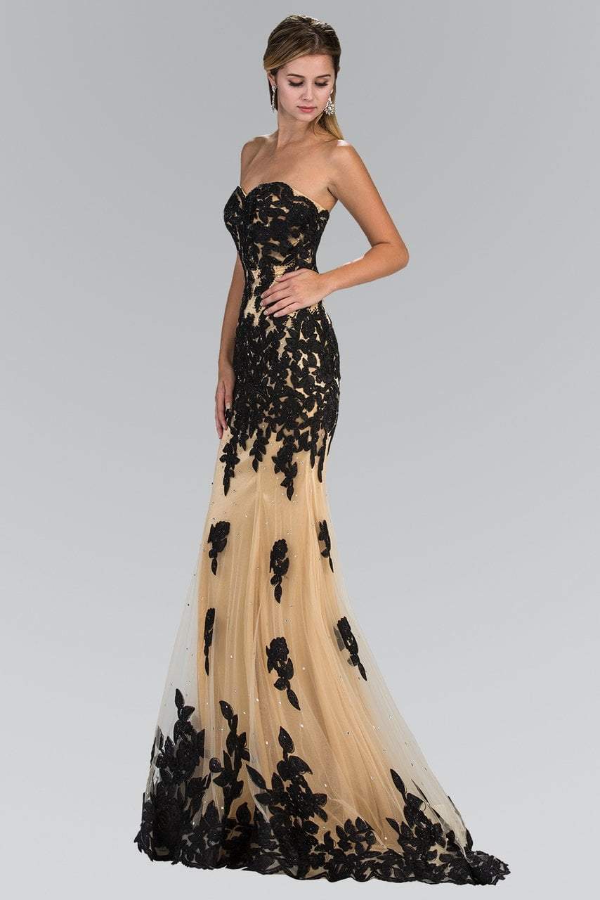 Elizabeth K - GL2005 Floral Applique Sweetheart Sheath Gown Special Occasion Dress XS / Black/Gold