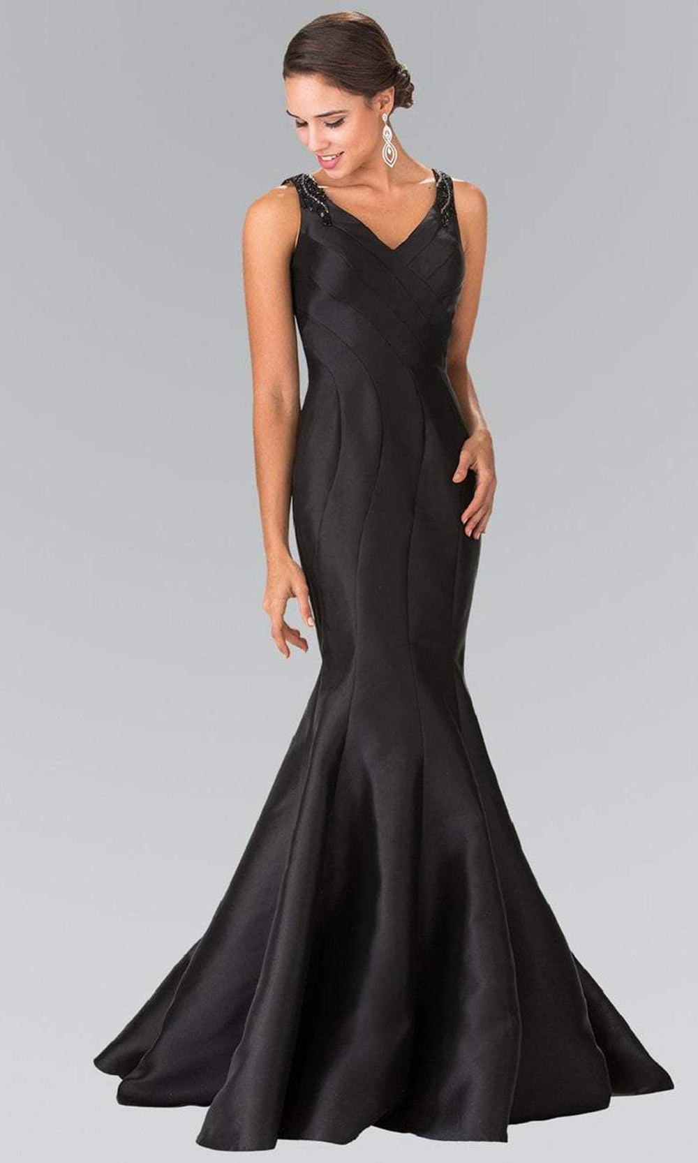 Elizabeth K GL2212 Sculpted V-Neck Mikado Trumpet Gown in Black CCSALE S / Black