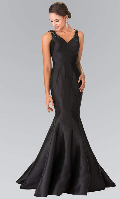 Elizabeth K GL2212 Sculpted V-Neck Mikado Trumpet Gown in Black CCSALE S / Black